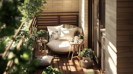 A warm and inviting balcony, featuring comfortable seating, lush green plants, and a small table set for coffee, creating a perfect spot for relaxation.