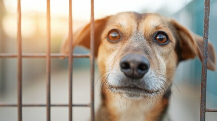 A dog is looking through a fence, with sunlight illuminating the background, creating a soft and warm atmosphere in the scene. The dog's ears are visible above the blur.