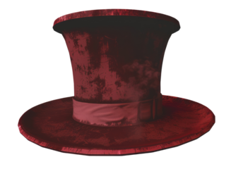 A top hat made of dark velvet material, with steam rising from the inside, on a transparent background, featuring detailed texture and lighting.