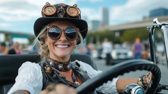 A person dressed in steampunk attire drives a customized vehicle, featuring mechanical and vintage elements, participating in a vibrant street event with people and buildings in the background.