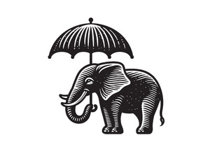 Elephant and umbrella. vintage engraving illustration, emblem, logo, print