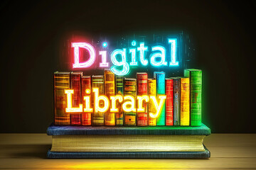 Digital Library with Books and Neon Sign