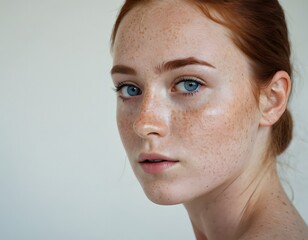 Portrait of Woman with freckles. Close-up. Beautiful blue eyed girl.
