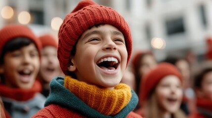 A young boy, wearing a cozy winter outfit, beams with laughter in a bustling street, reflecting happiness, warmth, and the spirit of the season.