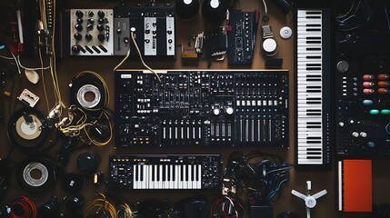 Flat lay of music production equipment, including a mixer, synthesizers, and keyboards.