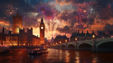 Naklejka premium Fireworks display over Big Ben and the Houses of Parliament at night.