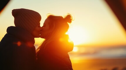 Romantic image showing a couple sharing a moment at sunset on a pier, capturing their silhouettes with the sun setting over the ocean in the background.
