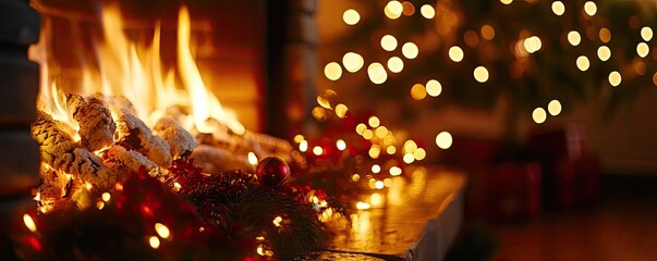 Cozy fireplace with glowing flames, adorned with festive decorations and twinkling lights, creating a warm holiday atmosphere.