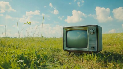 Old Retro TV in a Summer Field with Bright Light Colors, AI generated illustration