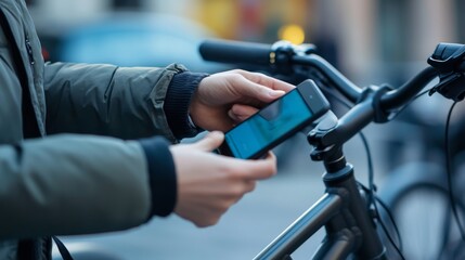 A person checks their smartphone while holding onto a bicycle, showcasing the blend of technology and urban mobility.