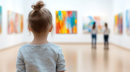 A young child stands in an art gallery, admiring a collection of colorful abstract paintings hung on the walls, providing a vibrant and stimulating visual experience.