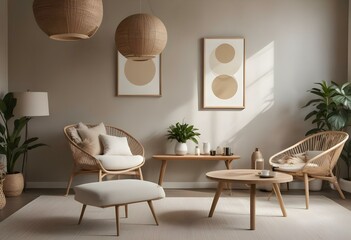 A modern living room with beige armchairs, a wooden coffee table, and wall decor including a framed circular artwork and woven light fixtures.