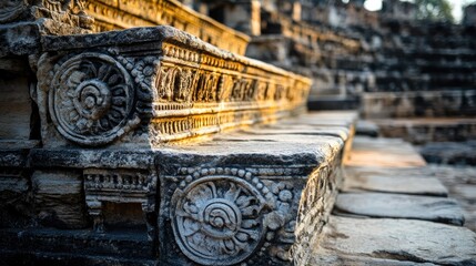 Fototapeta premium A close-up of the intricate carvings on the stone seating of an ancient amphitheatre. The detailed patterns and motifs reflect the artistry of the past, and the weathered surface adds a sense of