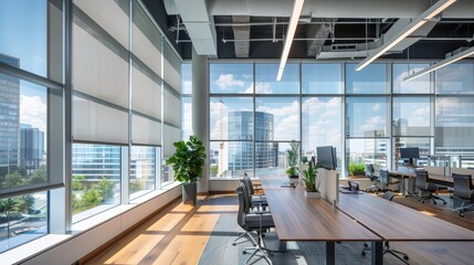 Modern Smart Office Design with Energy Efficient LED Lighting and Automated Window Shades in Cityscape