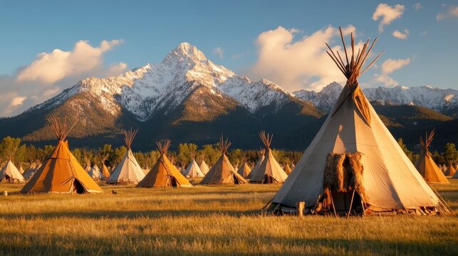 Numerous teepees arranged across an expansive grassy field, flanked by towering, snow-capped mountains under a soft, evening glow of warm sunlight, highlighting the serene surroundings.