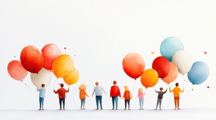 An artistic image depicting a group of people holding colorful balloons, symbolizing unity, celebration, and togetherness. Perfect representation for community events.