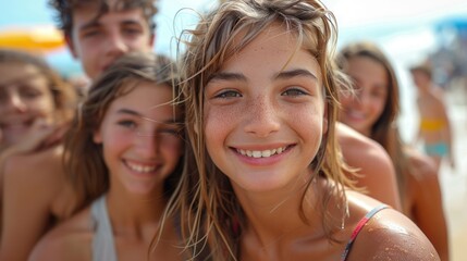 Fototapeta premium A joyful summer gathering of six friends smiling brightly under the sun at the beach. Generative AI