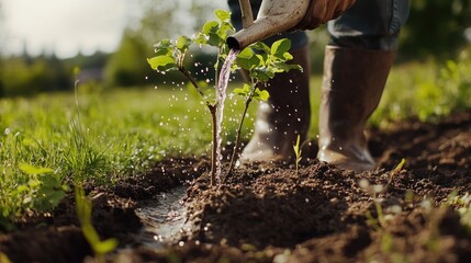 A gardener is watering a young tree with a watering can.