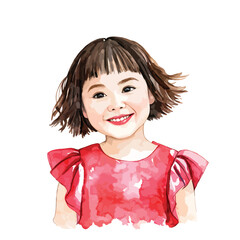 Happy Girl Illustration Vector, Digital Watercolor Painting Style Graphic Design.
