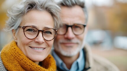 A joyful senior couple wearing glasses embraces each other warmly with golden leaves in the background, portraying happiness and companionship in autumn.