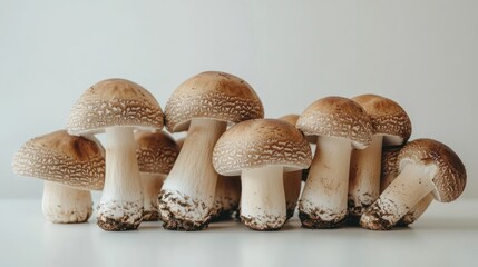 Freshly picked brown mushrooms with brown stems and white caps on a white surface.