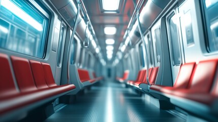 A modern subway train interior featuring sleek design with red seating, illuminated by soft overhead lights, conveying a clean and spacious atmosphere.