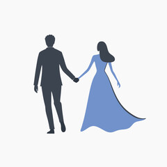 a man and a woman walking hand in hand. The man is on the left side of the image and the woman is in the center. vector silhouette isolated white background