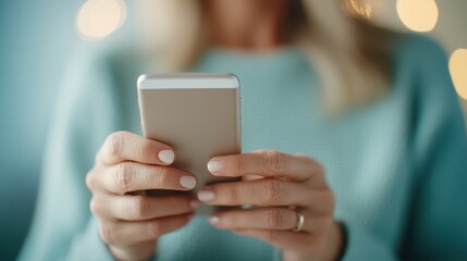 A woman in a blue sweater focuses intently on her smartphone. The image captures her hands and the device prominently, presenting a serene indoor ambience.
