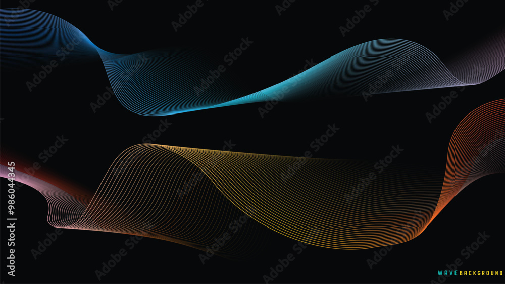 Aufkleber Elegant wave background design featuring smooth, flowing lines in shades of blue and green against black backdrop, creating modern and dynamic visual effect.