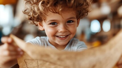 A young, curly-haired child beams at the camera while holding an old-fashioned treasure map, enveloped in excitement and curiosity, ready for a new adventure.