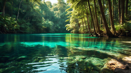 Naklejka premium A serene scene with clear turquoise waters flowing through a forest of tall, palm-like trees.