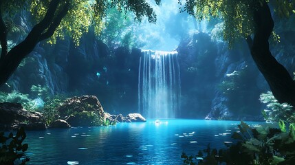 A virtual lake in the middle of a 4D valley, surrounded by glowing forests and fantasy mountains, with animated waterfalls cascading under a futuristic sky  © Wachirasak Jamwimol