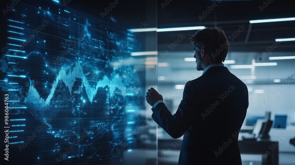 Poster a business executive interacting with a holographic 3d graph, displaying fluctuating data in a moder
