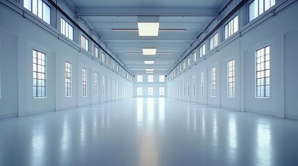 Fototapeta premium Bright, spacious interior with large windows, showcasing a minimalist design and a clean floor, ideal for various uses.