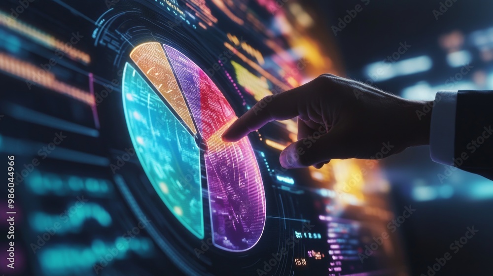 Aufkleber A business professional pointing at a holographic 3D pie chart displaying vibrant, segmented data on a futuristic screen with financial indicators