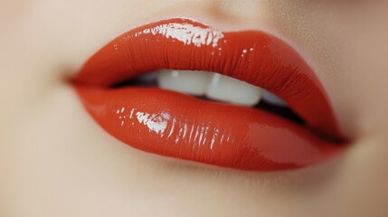 Obraz premium Close up of woman's lips with glossy red lipstick.