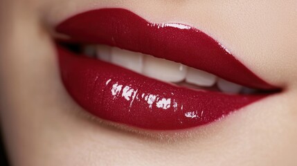 Close up of a woman's red lips with glossy lipstick.