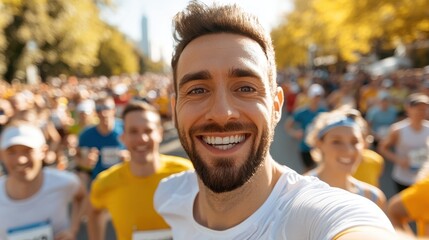 A cheerful runner eagerly takes a selfie in a marathon, capturing the exhilarating and communal atmosphere filled with enthusiasm and colorful diversity.