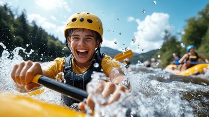 An ecstatic child holds onto the raft, expressing pure joy and energy as they journey down a wild river, capturing the essence of youthful adventure outside.