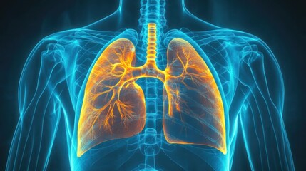 3D Medical Illustration of Human Lungs with Skeleton,  Detailed view of the respiratory system.