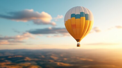 Fototapeta premium A white and blue patterned hot air balloon soars high above the countryside during sunrise, illustrating the spectacular view and the calmness of a new day dawning.