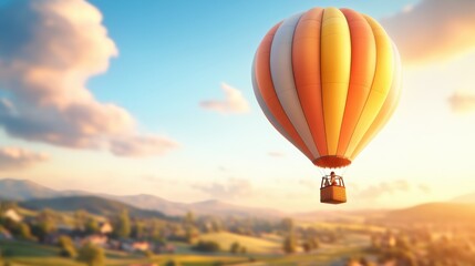 Fototapeta premium An orange hot air balloon gracefully floats above the countryside as the sun rises, filling the sky with a warm golden glow, offering a picturesque view of the rolling hills.