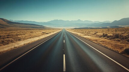 Empty asphalt road leading through a vast grassy landscape with a mountain range in the background under a clear blue sky.