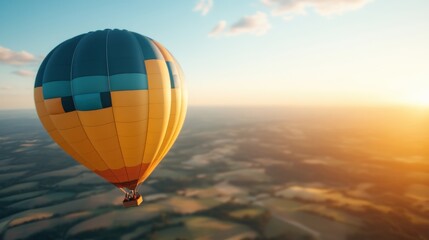 Obraz premium A colorful patterned hot air balloon floats above rolling hills during dawn, capturing the serene landscape and the soft, golden light of early morning, evoking a sense of calm.