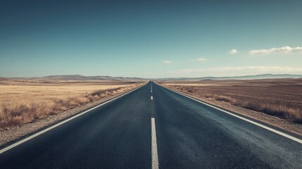 Fototapeta premium A straight asphalt road through a dry desert landscape.