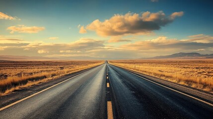 Naklejka premium Empty highway through a vast, grassy plain under a dramatic sky.