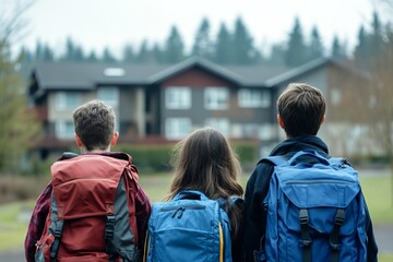 Kids Standing Outside Looking at School Building with Backpacks, AI generated illustration