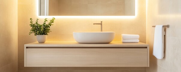 Beige minimalist bathroom with floating wood vanity and soft ambient lighting, minimalist bathroom aesthetic, warm neutral tones