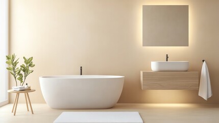 Fototapeta premium Beige minimalist bathroom with wood accents and soft lighting, minimalist bathroom aesthetic, modern warmth