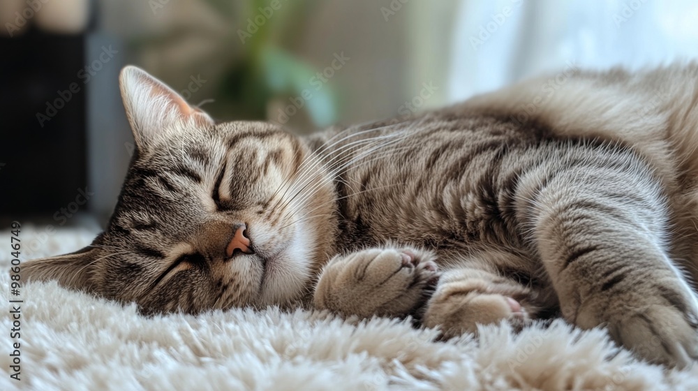 Aufkleber a chubby cat napping on a fluffy rug, with its head resting on its paws and a peaceful, contented ex